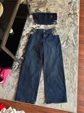 Fashion Nova Dark Blue Wide-Leg Jeans with Strap Detail